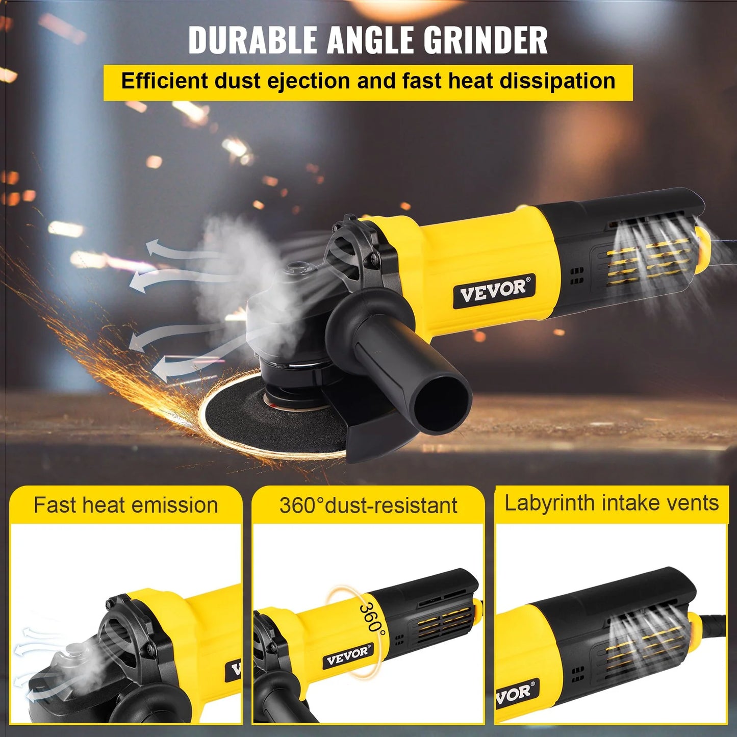 VEVOR Angle Grinder, 4-1/2 Inch Powerful Grinder Tool 11Amp Power Grinder with Paddle Switch and 360?? Rotational Guard, 12000Rpm Power Angle Grinders for Cutting and Grinding Metal, Stone, Wood, Etc