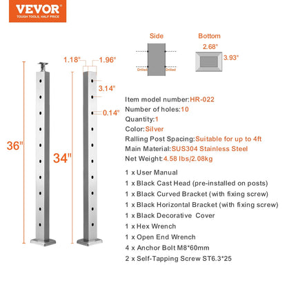 VEVOR Cable Railing Post Level Deck Stair Post 36 X 0.98 X 1.97" Cable Handrail Post Stainless Steel Wire Drawing Deck Railing Pre-Drilled Pickets with Mounting Bracket Stair Railing Kit Silver